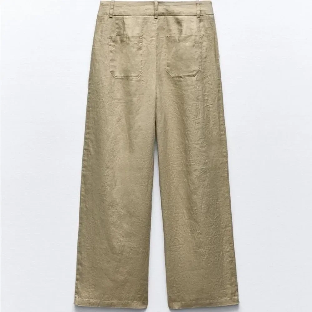 ZARA 100% LINEN WIDE-LEG PANTS GREEN